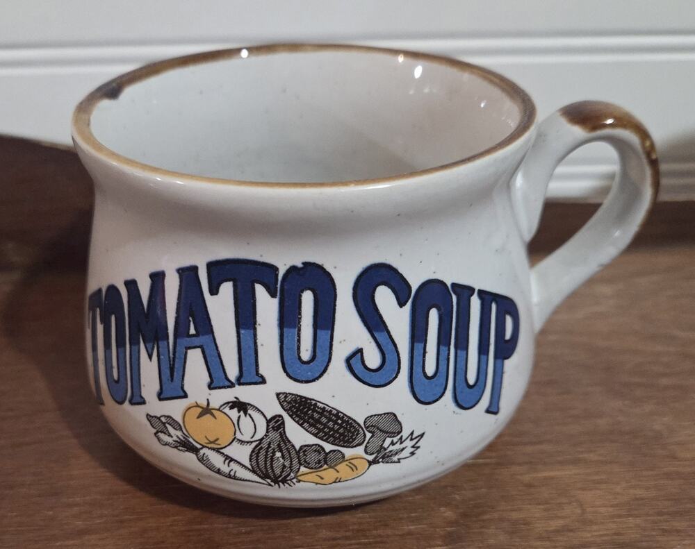 Vintage 1970s Tomato Soup Mug Bowl Stoneware Speckled Blue Lettering Handle